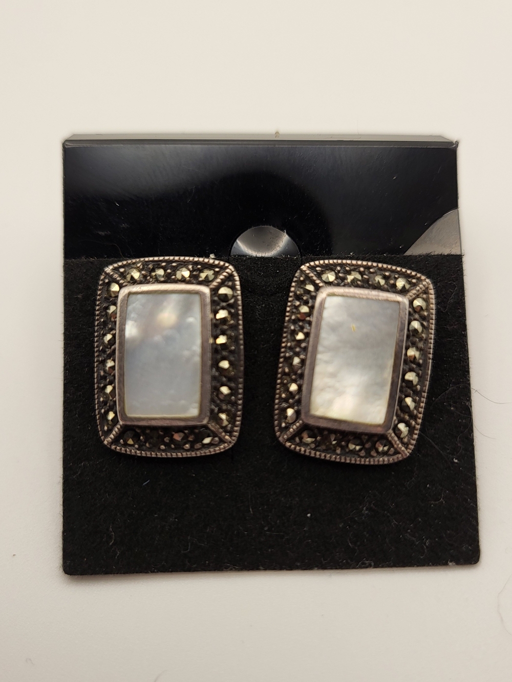 Vintage-Mother of Pearl Marcasite Rectangle Stud Earrings. Sterling Silver